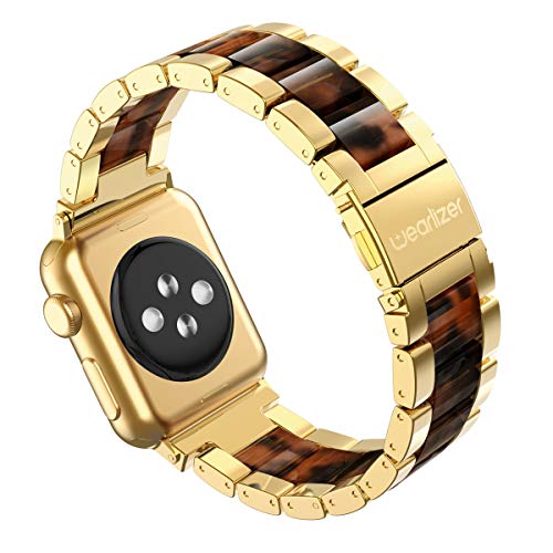 Book Cover Wearlizer GoldTortoise Compatible with Apple Watch Band 42mm 44mm Replacement Womens Mens iWatch Wristbands Stainless Steel Resin Strap Metal Bracelet Clasp Series 4 3 2 1 Sport Edition Sport