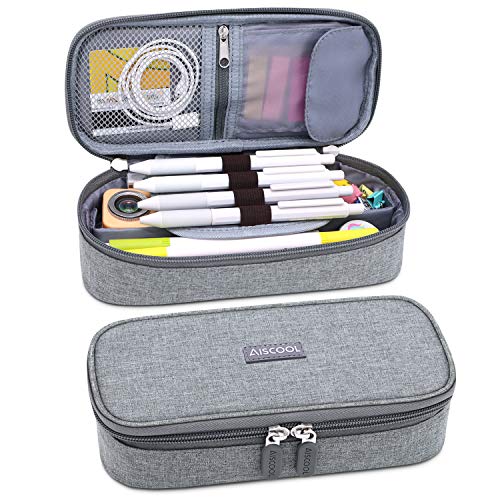 Aiscool Big Capacity Pencil Case Holder Canvas Bag Pen Organizer Pouch Stationery Box Oxford Cloth Large Storage for School Supplies School Office Stuff (Gray) 8.5 x 4 x 2.4 inches