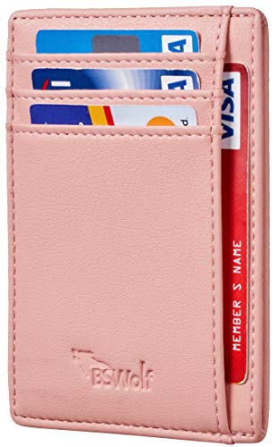BSWolf RFID Blocking Minimalist Credit Card Holder Slim Front Pocket Genuine Leather Wallets for Men & Women (Smooth Pink Lotus)
