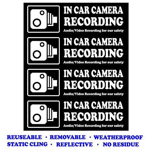 Book Cover Camera Audio Video Recording Window Cars Stickers - 4 Signs Removable Reusable Indoor Dashcam in Use Vehicles Warning Decals Labels Bumpers Static Cling Accessories for Rideshare Taxi Drivers (White)