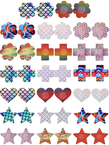 WILLBOND 20 Pairs Mermaid Nipple Covers Satin Adhesive Pasties Christmas Disposable Nippleless Cover Multi Breast Stickers for Women Girls