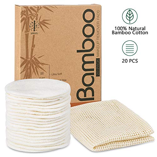Book Cover 20 Packs Organic Reusable Makeup Remover Pads, Washable Eco-friendly Natural Bamboo Cotton Rounds for all skin types with Cotton Laundry Bag