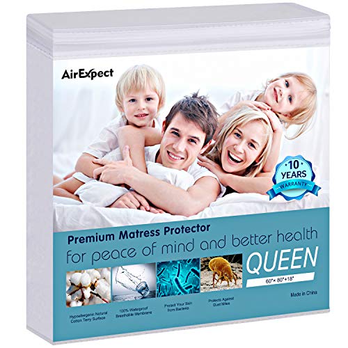 Book Cover Waterproof Mattress Protector Queen Size - AirExpect  100% Organic Cotton Hypoallergenic Breathable Mattress Pad Cover, 18