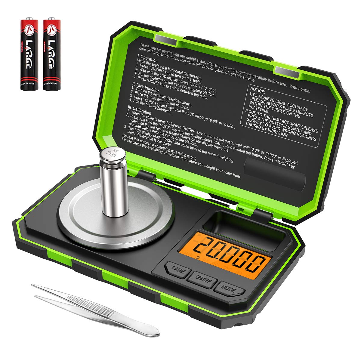 AMIR Professional Digital Mini Scale, 20g-0.001g Pocket Scale, Electronic Smart Scale with 20g Calibration Weight (Battery/Tweezers Included) Green