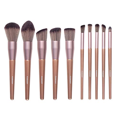 FIXBODY Makeup Brush Sets - 10 PCS Wood Handle Soft Synthetic fiber hair Kabuki Powder Blush Liquid Eyeliner Eyeshadow Lip Eyebrow Brush (Rose Gold)