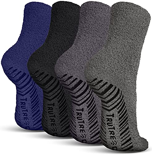 Book Cover TruTread Fuzzy Socks for Women & Men - Non Slip / Skid Hospital Crew Socks - 4 Pairs