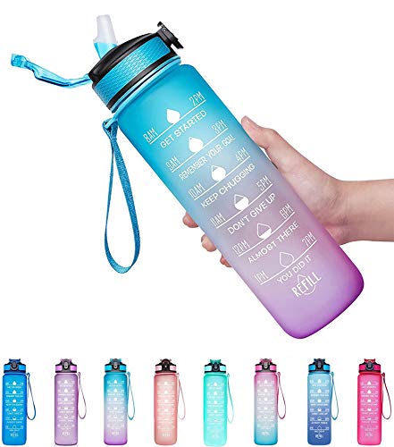 Book Cover Giotto 32oz Leakproof BPA Free Drinking Water Bottle with Time Marker & Straw to Ensure You Drink Enough Water Throughout The Day for Fitness and Outdoor Enthusiasts