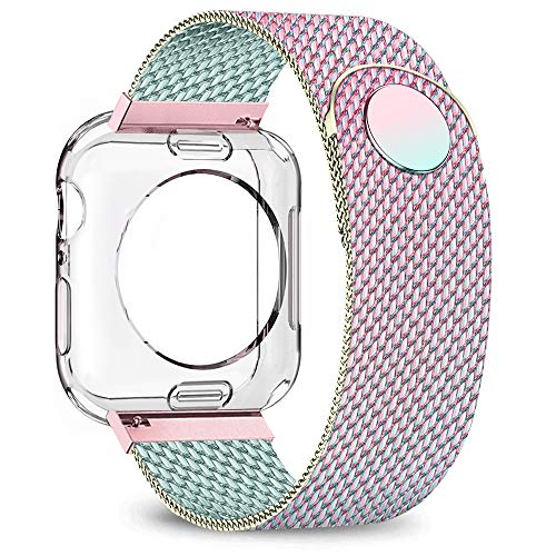 Book Cover jwacct Compatible for Apple Watch Band with Screen Protector 38mm 40mm 42mm 44mm, Soft TPU Frame Case Cover Bumper Compatible for iwatch Series 1/2/3/4/5 Iridescent