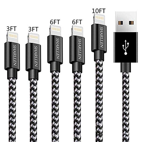 Book Cover iPhone Charger Cable 3FT/6FT/10FT Lightning Cable SHARLLEN MFi Certified Fast USB iPhone Charging Cable Long Nylon Braided Cord Compatible iPhone XS/Max/XR/X/8/8Plus/7/7P/6/6 P/6S/iPad 5Pack (Black)