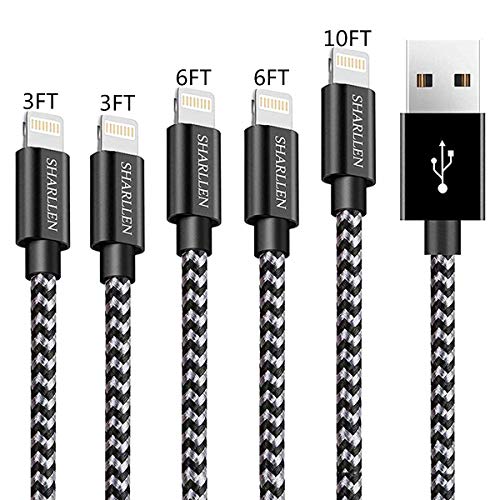 iPhone Charger Cable 3FT/6FT/10FT Lightning Cable SHARLLEN MFi Certified Fast USB iPhone Charging Cable Long Nylon Braided Cord Compatible iPhone XS/Max/XR/X/8/8Plus/7/7P/6/6 P/6S/iPad 5Pack (Black)