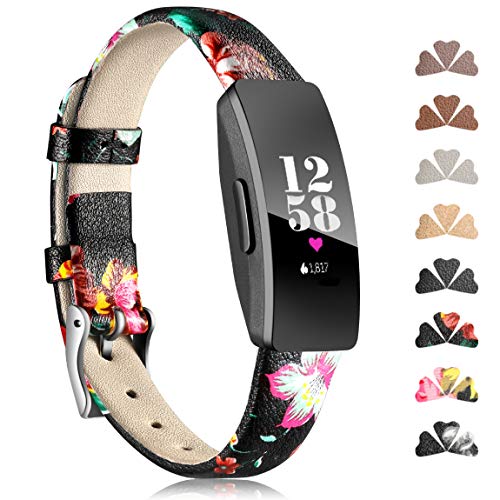 Maledan Leather Bands Compatible with Fitbit Inspire HR & Inspire for Women Girls, Black/Red Floral, Large