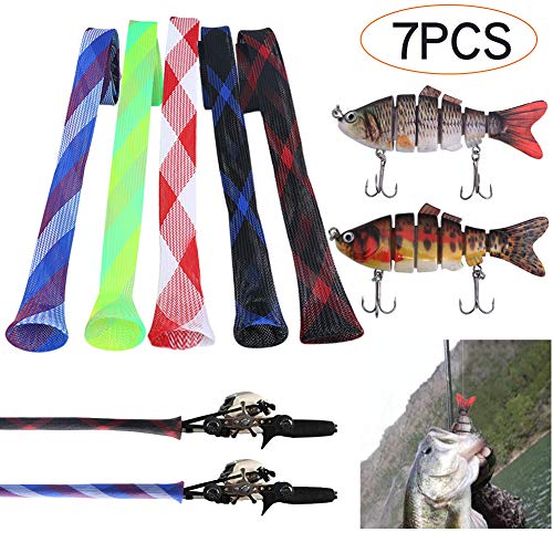 Angela&Alex 7 PCS Fishing Rod Covers + Lures, Tackle Kits Lifelike for Bass 3.9" Rod Sleeves Sock Braided Mesh Protectors Pole Gloves Tools for Casting Sea(5 Fishing Rod Covers + 2 Fishing Lures)