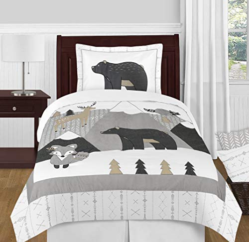 Book Cover Sweet Jojo Designs Beige, Grey and White Boho Mountain Animal Gray Woodland Forest Friends Unisex Boy or Girl Twin Size Kid Childrens Bedding Comforter Set - 4 Pieces - Deer Fox Bear