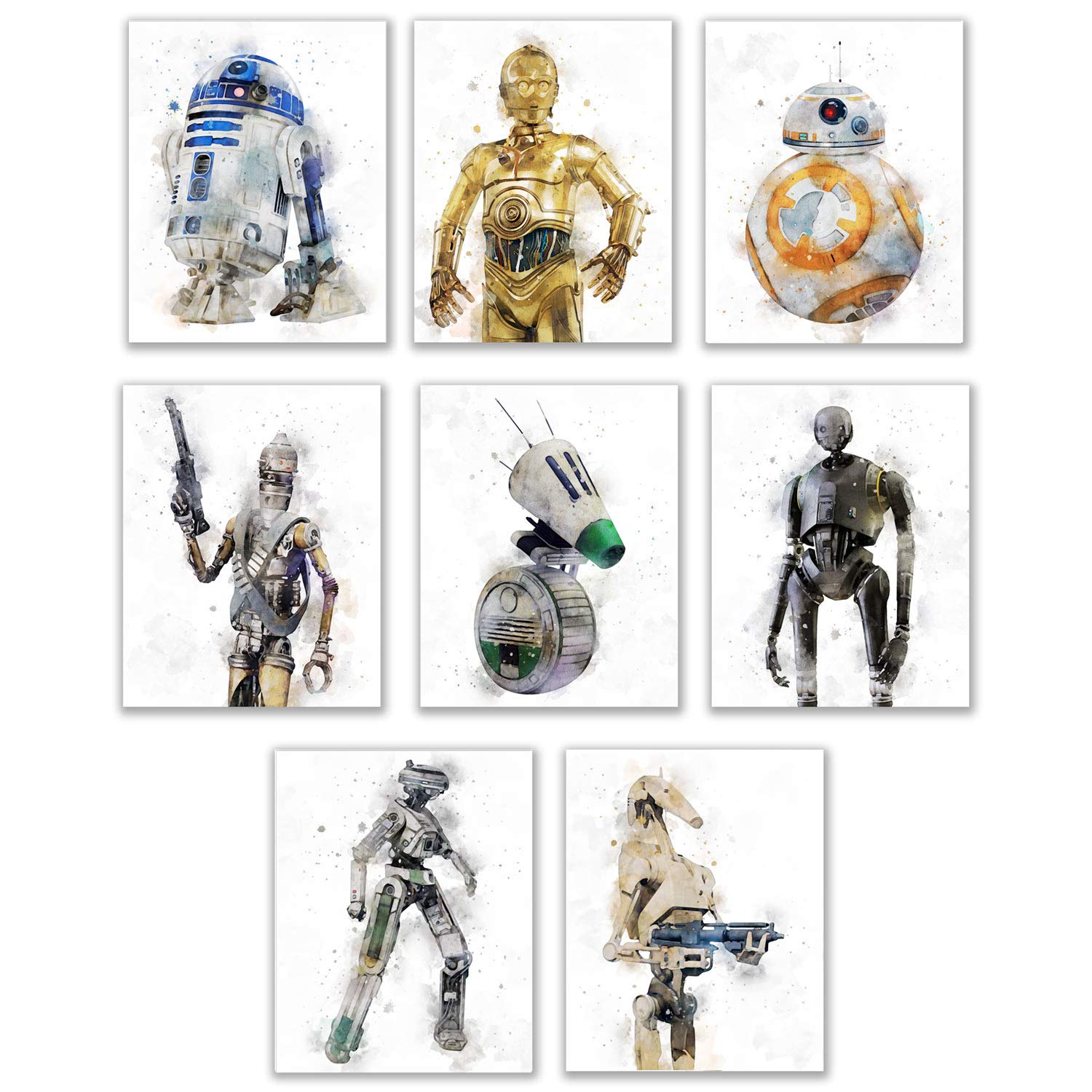 Book Cover Star Wars Droids Prints - Set of 8 (8 inches x 10 inches) Watercolor Wall Decor Photos - R2D2 C3PO BB8 K-2SO IG-88 D-O L3-37 Battle Droids