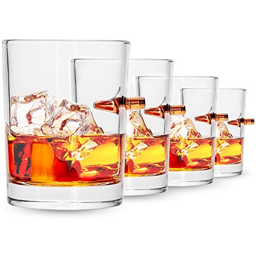 Lucky Shot - .308 Caliber - Whiskey Glasses With Bullet Stucks in Glass | Whiskey Lovers Gift for Men | Boyfriend Gift | Rocks Glasses | Original Handcrafted Embedded Bullet Barware (Set of 4) (10 oz)