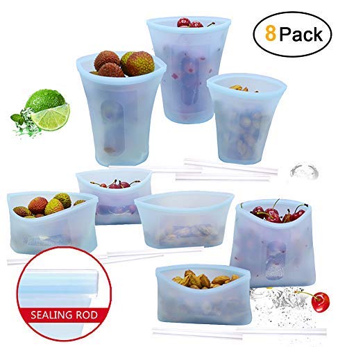 Reusable Silicone Food Bag, Zip Lock Top Leakproof Containers BPA Free Zip Lock Food Storage Preservation Bag for Fruits Vegetables Snacks Microwave Dishwasher & Freezer Safe (8Pcs Set(Blue))