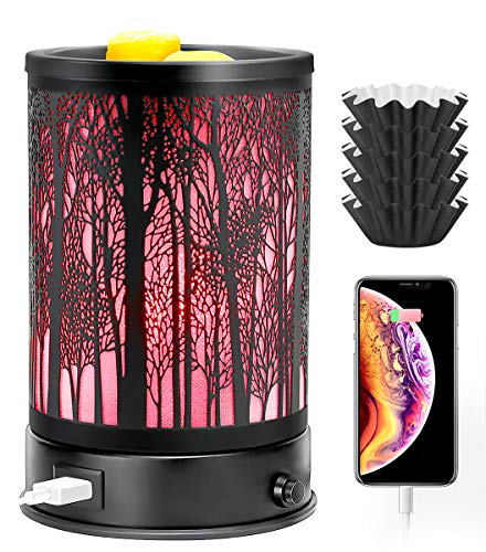 Hituiter Wax Melt Warmer for Scented Wax with USB Charging 7 Colors LED Lighting Oil lamp Wax Melts Burner Electric Melter Candle Warmer Classic Black Forest Design for Fragrance Home Décor,Gifts