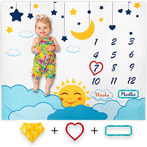 Pinbliss Baby Monthly Milestone Blanket for Boys and Girls | First Year Growth Calendar with Months and Weeks | Newborn Shower Gift Set | Unisex Design | Grow Markers Included | Large Plush Fleece