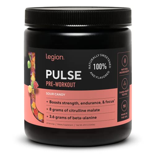 LEGION Pulse Pre Workout Supplement - All Natural Nitric Oxide Preworkout Drink to Boost Energy, Creatine Free, Naturally Sweetened, Beta Alanine, Citrulline, Alpha GPC (Sour Candy)