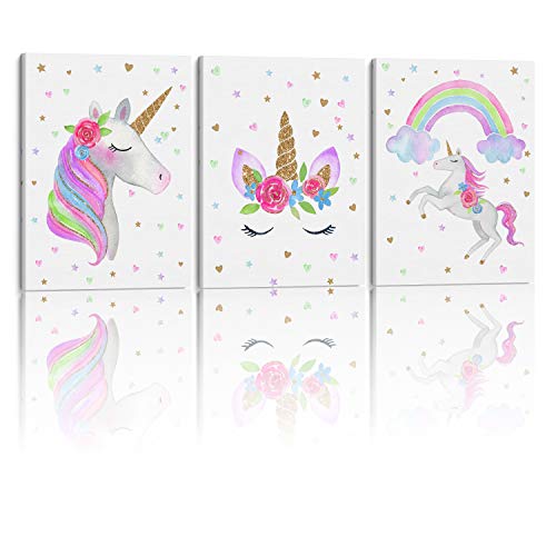 Book Cover Something Unicorn - Stretched/Framed, Ready to Hang Canvas Wall Art. Super Cute Water Color Unicorn Prints for Nursery or Girl's Bedroom Decor. Set of 3. 12x16in - Gold Glitter Unicorn Original