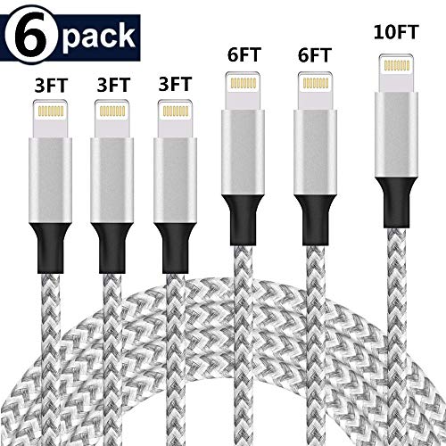 Book Cover Kraiovim MFi Certified iPhone Charger Lightning Cable 6 Pack [3/3/3/6/6/10FT] Extra Long Nylon Braided USB Charging & Syncing Cord Compatible iPhone Xs/Max/XR/X/8/8Plus/7/7Plus/6S/6S Plus/SE/iPad
