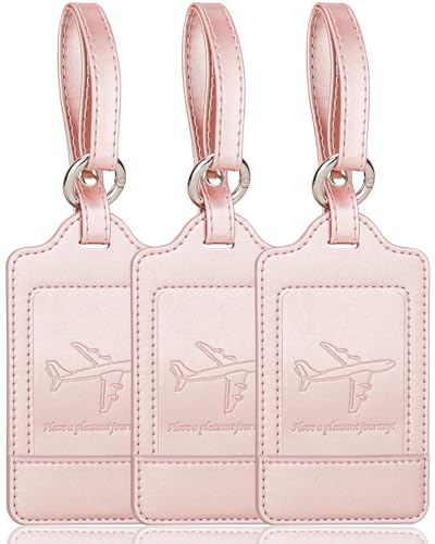Luggage Tags, 3 Pack Teskyer Premium PU Leahter Luggage Tags Privacy Protection Travel Bag Labels Suitcase Tags-Rose Gold