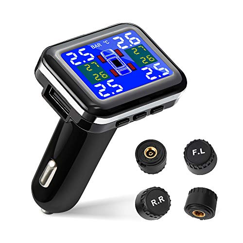 Tsumbay TPMS Car Tire Pressure Monitoring System Wireless Real-time Alarm with 4pcs External Sensors (1.1-3.5 Bar/ 16-51 Psi), Temperature and Pressure LCD Display