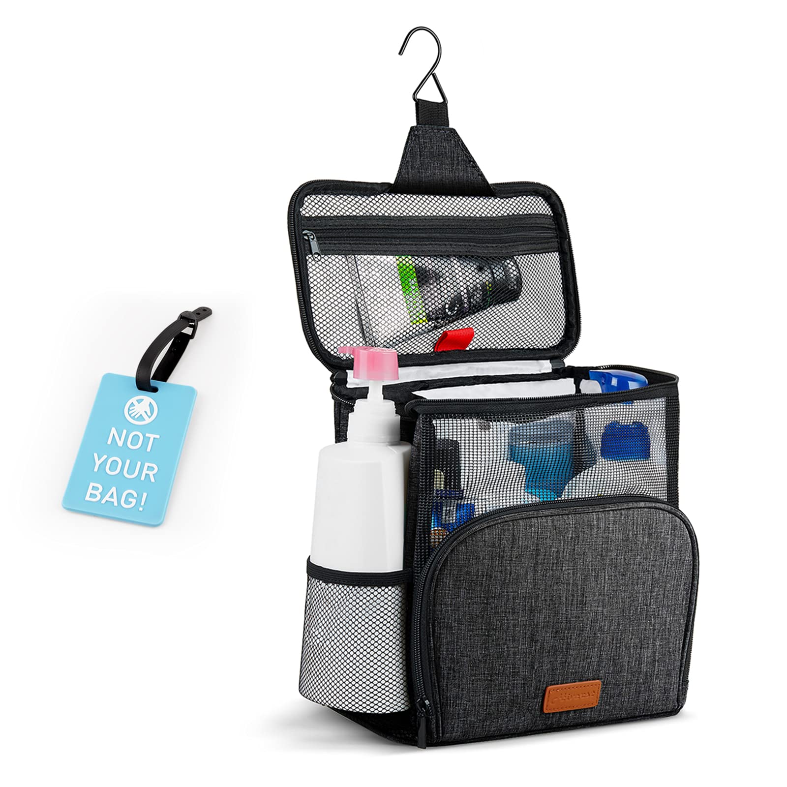 Hiverst Hanging Toiletry Bag, Shower Caddy Tote Bag (Updated Version, Full Size Bottle Compatible), Bath Organizer for College Dorms, Gym, Camp, Women Men, with Funny Luggage Tag Black