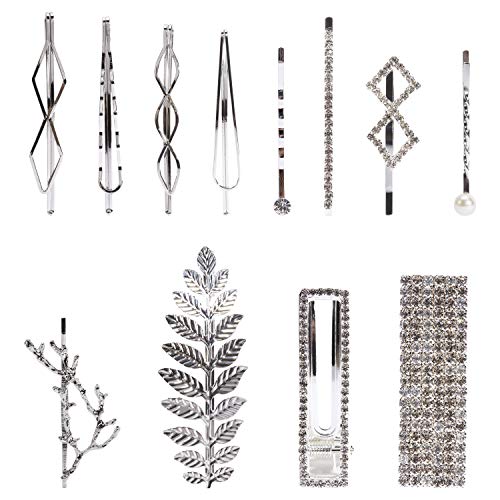 12 Pack Silver Vintage Retro Geometric Metal Pearl Crystal Rhinestone Branch Leaf Hair Clips Snap Barrettes Claw Clamps U Shaped Decorative Bobby Pin Alligator Hairclips Wedding Party Bridal Accessory