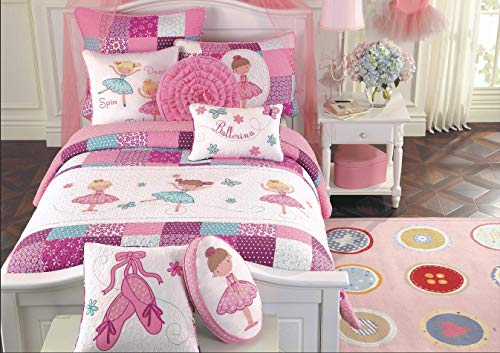 Book Cover Cozy Line Home Fashions Ballerina Dance Princess Bedding Quilt Set, Pink Orchid Light Purple 100% Cotton Bedspread for Kids Girl (Pink Embroidered, Twin - 7 Piece)