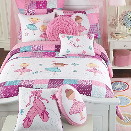 Cozy Line Home Fashions 7 Piece Twin Size 100% Cotton Pink Girl Reversible Bedding Quilt Set, Bedspread Coverlet for All Seasons (Ballerina Dance Princess, Twin - 7 Piece)