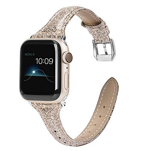 Wearlizer Gold Thin Glitter Leather Compatible with Apple Watch Bands 42mm 44mm 45mm 49mm(Ultra) Womens for iWatch Series SE 8 7 6 5 4 3 2 1 Slim Glistening Strap Bracelet with Silver Metal Clasp