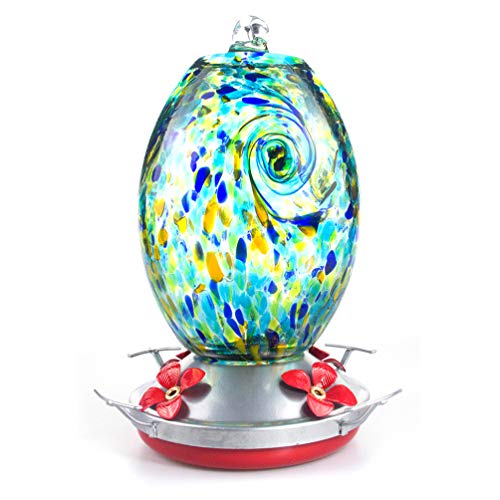Book Cover Muse Garden Hummingbird Feeder for Outdoors, Hand Blown Glass, 25 Ounces, Containing Ant Moat, Starry Night