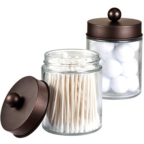 Book Cover Apothecary Jars Bathroom Storage Organizer - Cute Qtip Dispenser Holder Vanity Canister Jar Glass with Lid for Cotton Swabs,Rounds,Bath Salts,Makeup Sponges,Hair Accessories/Bronze (2 Pack)