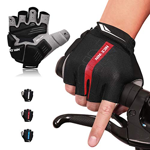NICEWIN 6mm SBR Padded Motorcycle Mountain Biking Gloves for Men Women Youth, MTB Glove with Shock-Absorbing Pad, Breathable Mesh for Outdoor Sports Road Cycling Red L