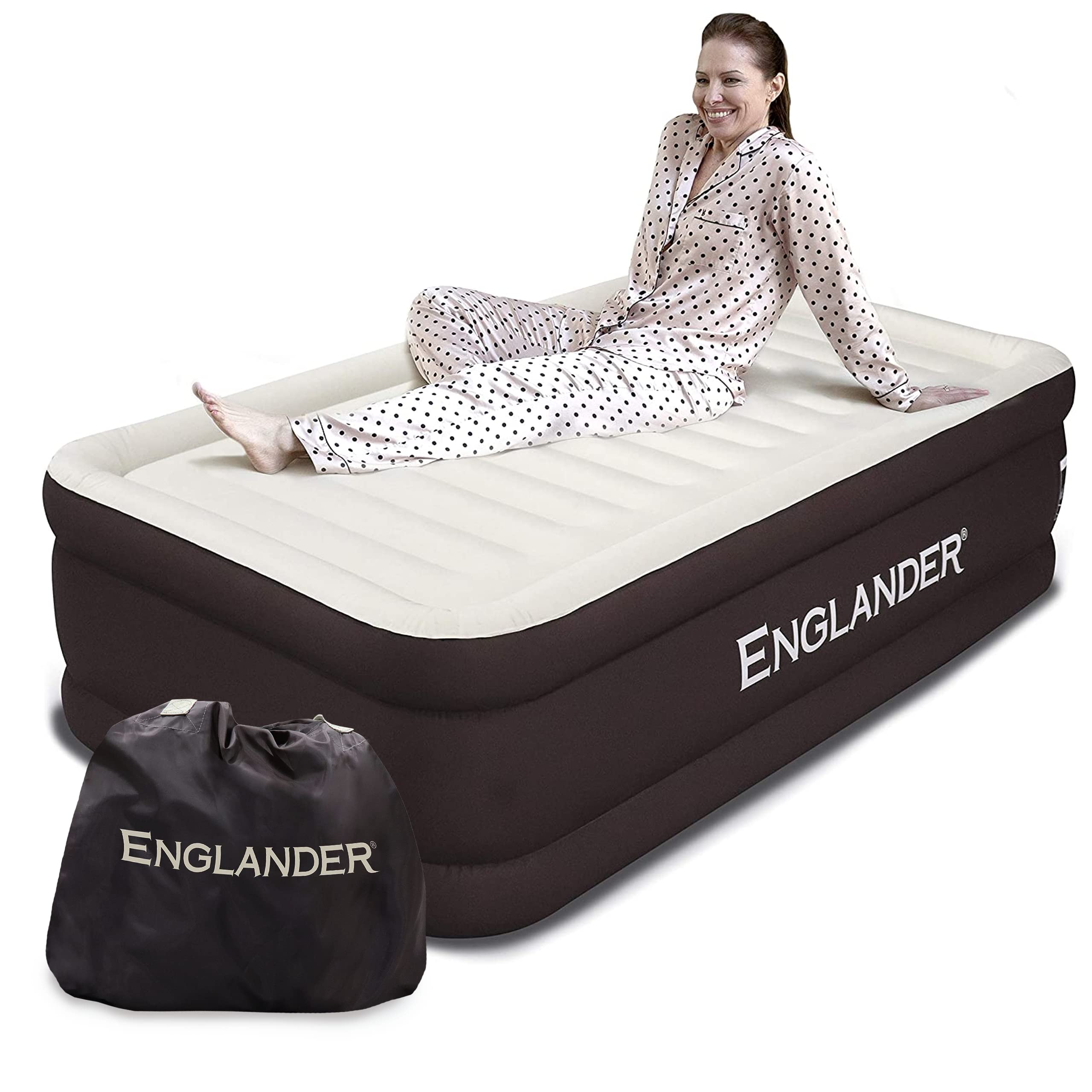 Book Cover Englander Air Mattress w/Built in Pump - Luxury Double High Inflatable Bed for Home, Travel & Camping - Premium Blow Up Bed for Kids & Adults Brown California King