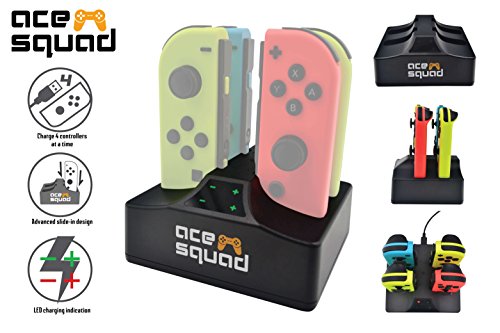 Book Cover Switch Joy Con Charger for Switch Controller - 4 Ports Nintendo Switch Charging Stand with USB C Cable - Fast Charging Technology with Smart LED Indicator - Joy-Con Charger by AceSquad