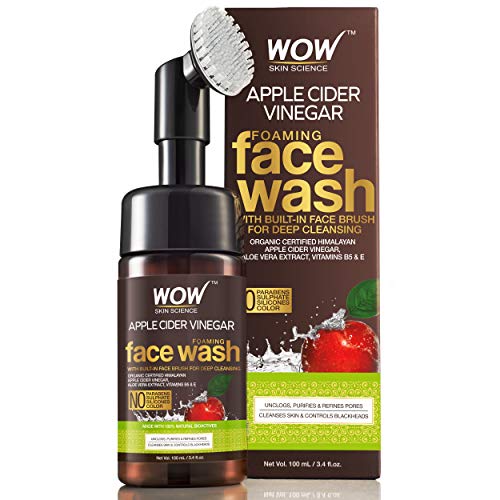 WOW Organic Apple Cider Vinegar Foaming Face Wash with Built-in Brush - No Parabens, Sulphate and Silicones, 100 ml