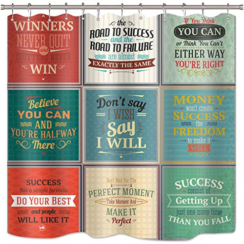 Riyidecor Motivational Quotes Shower Curtain Inspirational Sayings Printed Green Red Fabric Polyester Waterproof Bathroom Home Decor Set 12 Pack Plastic Shower Hooks 72Wx72H Inch
