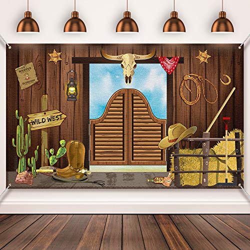 Book Cover Western Party Supplies, Large Fabric Saloon Yeehaw Western Scene Setters for Western Themed , Wooden House Barn Banner Cowboy Decoration Photo Booth Backdrop Background (Wild West)