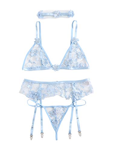SheIn Women's Floral Appliques Mesh Sheer Sexy Garter Lingerie Set With Choker