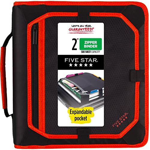Five Star Zipper Binder, 2 Inch 3-Ring Binder for School, Expansion Panel, 580 Sheet Capacity, Red/Black (29052CE8)