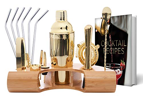 Omishome Gold Bartender Kit Plus Receive 6 Stainless Steel Straws And Recipe Book | Mixology Set | Bartending Set | Bar Tender's Kit | Bar Tools Bartender Tool Kit | Set With Stand