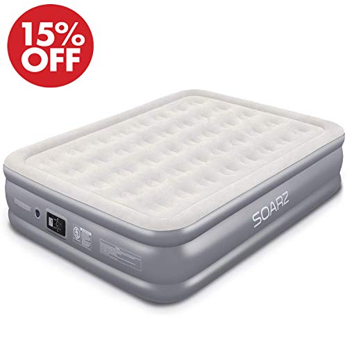 Book Cover Soarz Queen Air Mattress with Built in Pump, Inflatable Blow Up Mattress for Guests & Camping, Double High Elevated Airbed with Comfortable Flocked Top, 80 x 60 x 18 inches, 3-Year Warranty