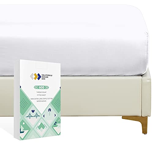 Book Cover California Design Den 600 Thread Count 100% Cotton 1 Fitted Sheet Only, Pure White Queen Fitted Sheet, Long - Staple Combed Pure Natural Cotton Sheet, Soft & Silky Sateen Weave