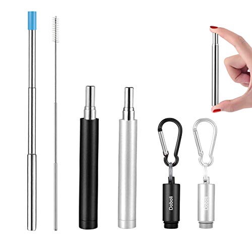 2 Pack Reusable Metal Straws Collapsible Stainless Steel Drinking Straw Travel Portable Telescopic Straw with Case,2 Cleaning Brushes Included Black/Silver