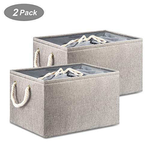 SunGlobal Foldable Linen Storage Bins, 2Pack 15.7"x11.8"x9.8" Collapsible Rectangular Storage Baskets Foldable Shelf Storage Box Dust Proof Cover Rope Handles for Towels Toys Clothes