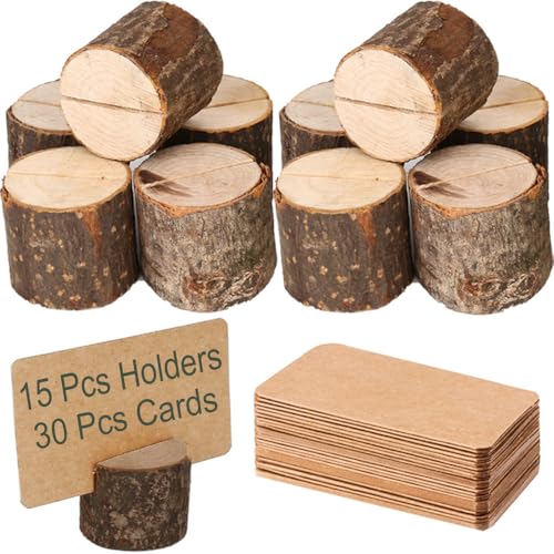Toncoo Wood Place Card Holders, 15Pcs Premium Rustic Table Number Holders and 30Pcs Kraft Table Place Cards, Wood Photo Holders, Ideal for Wedding Party Table Name and More
