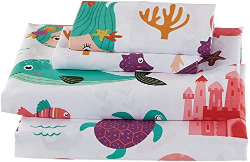 Book Cover Mk Home 4pc Queen Size Sheet Set for Girls Mermaid Sea Life Anchor Starfishes Sea Turtles Seahorses New