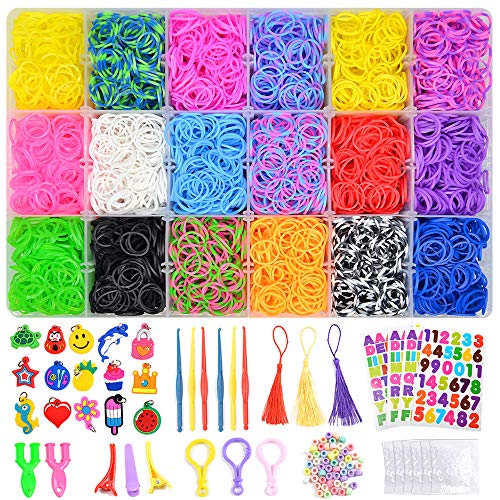 7100+ Rainbow Rubber Bands Mega Refill Kits For Bracelets, Loom Rubber Bands Set Include:6500+ Loom Bands + 600 Clips + 6 Crochet Hooks + 50 Beads + 15 Charms + 3 Tassels +3 Backpack Hook + 3 Hair
